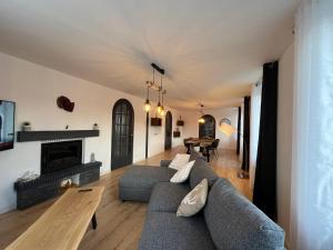 sala de estar con 2 sofás y chimenea en Appartement St Eloi 75m² en Saint Die
