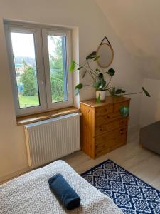 a bedroom with a bed and a mirror on a dresser at Bryziówka B in Miłków