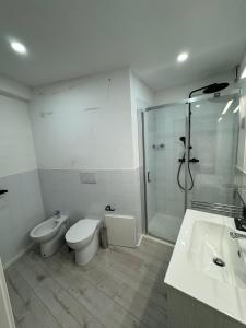 La salle de bains est pourvue de toilettes, d'une douche et d'un lavabo. dans l'établissement VinicioRossiApartment, à Ancône