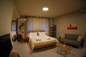 a bedroom with a bed and a couch and a television at Cruzeto in Syvota