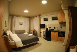 a small bedroom with a bed and a kitchen at Cruzeto in Syvota