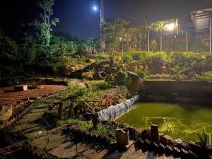 een vijver in een tuin 's nachts bij Lam Nguyên Charming House in Bao Loc