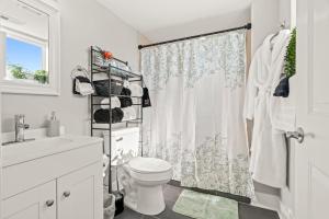 a bathroom with a toilet and a shower curtain at 2BR-2BA Luxy Dendrobium Oasis, Pet Friendly, Family Friendly, Free Parking & Balcony in Philadelphia