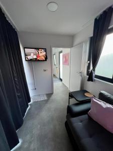 a living room with a couch and a tv on a wall at Bobule v sudu in Bořetice