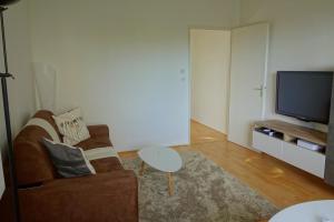 een woonkamer met een bank en een tv bij Arbres & Tennis in Straatsburg