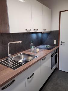 een keuken met een wastafel en een aanrecht bij Ferienwohnung Hedy in Prien am Chiemsee