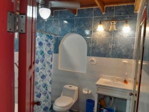 y baño con aseo y lavamanos. en Cabañita Doña Tina, en Los Altos de Cerro Azul