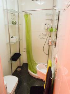 uma casa de banho com uma cortina de chuveiro verde e um lavatório. em Fonsi House no Porto