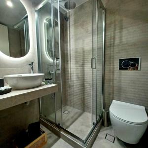 a bathroom with a shower and a toilet and a sink at nisaki rooms & apartments in Methana