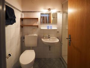 een kleine badkamer met een toilet en een wastafel bij Beim Lenz in Schleching