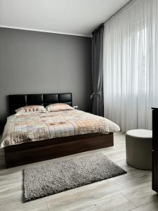 ein Schlafzimmer mit einem Bett und einem Teppich in der Unterkunft Apartment Alex in Sandanski