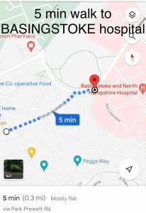 a map of the walk to basingstoke hospital at Balcony Penthouse Room Basingstoke Hospital 2min drive and walkable in Basingstoke