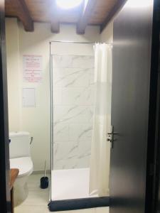 a bathroom with a shower with a white shower curtain at Cabana La Batranu in Borşa