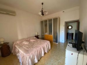 a bedroom with a bed and a flat screen tv at Appartamento sul lungomare - Ladispoli in Ladispoli