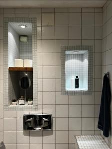 a bathroom with a sink and a mirror at Frogner Park Penthouse Terrace in Oslo