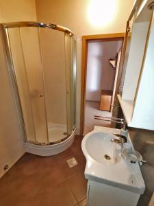 uma casa de banho com um chuveiro e um lavatório. em Apartmani Kenova 5 em Herceg Novi