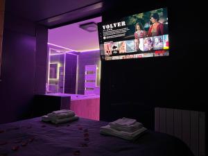 Habitación púrpura con TV encima de la cama en L'Evasion Alpine, en Albertville