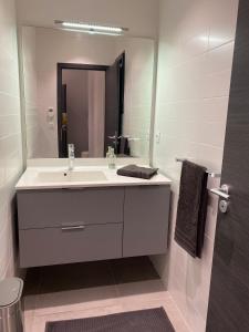 baño con lavabo y espejo grande en Maison Appart, Le Cocon Brindasien, 20 min de Lyon, 66 m2, en Brindas