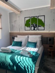 1 dormitorio con 1 cama con 2 almohadas verdes en Apartament Hyrca en Szczyrk