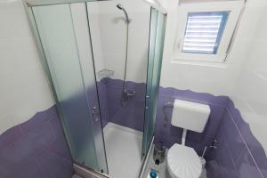 a bathroom with a toilet and a glass shower at Vila Niko Dalmacija in Sukošan