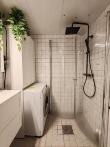 y baño con ducha y lavadora. en Central and cozy next to Oslo S en Oslo