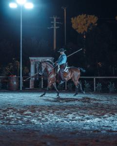 een man rijdt op een paard met een paal bij Masseria Mazzetta Salento Corte del Falconiere B&B in San Pancrazio Salentino
