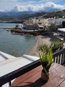 una planta sentada en una mesa en un balcón con playa en On the sea 2, en Mókhlos