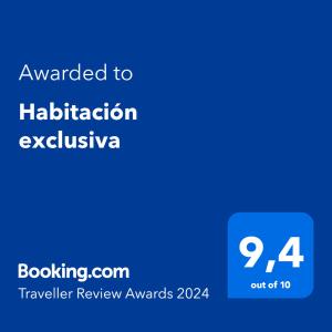 Сертификат, награда, табела или друг документ на показ в Habitación exclusiva