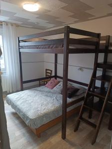 Un dormitorio con dos literas y una escalera. en le Mont dore Centre ville appartement, en Le Mont-Dore