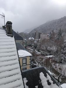 un techo cubierto de nieve de un edificio en una ciudad en le Mont dore Centre ville appartement, en Le Mont-Dore