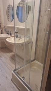 a bathroom with a shower and a sink at Haus Westharz Goslar in Bad Grund +12 photos