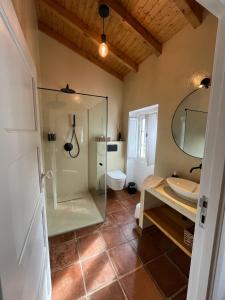 een badkamer met een glazen douche en een wastafel bij Casa do Ti'Xico in Aljustrel