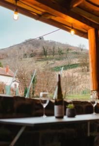 una mesa con una copa de vino y vistas a un campo en Somló Nordic, en Somlószőlős