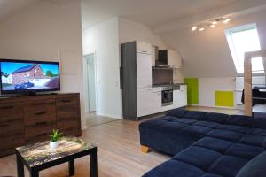 a living room with a blue couch and a tv at Speedys Apartments am Brünnchen in Herresbach