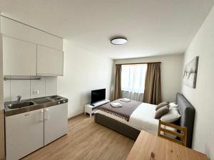 a small room with a bed and a kitchen at Cosy Studio in Zurich City in Zurich