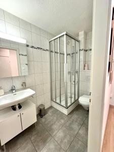 a bathroom with a shower and a sink and a toilet at Cosy Studio in Zurich City in Zurich