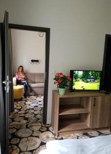 a woman sitting on a couch in a living room with a television at Erdővarázs Panzió in Lillafüred