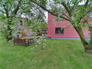 ławka w ogródku obok różowego budynku w obiekcie Pension Stocker w mieście Dierhagen