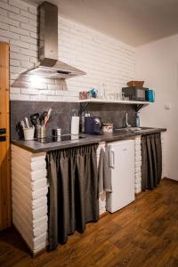 a kitchen with a counter top and a brick wall at DobrýBydlo in Dolní Věstonice