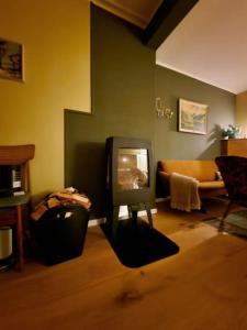 a living room with a television and a couch at Arctic Cabin Lyngen in Svensby +30 photos