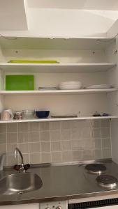 a kitchen with a sink and shelves with dishes at Studio ensoleillé avec vue sur le lac in Lausanne