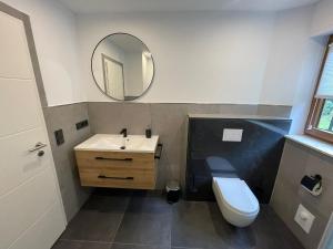 a bathroom with a sink and a toilet and a mirror at Ferienwohnung Am Schillerfelsen Dahn in Dahn