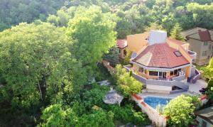 an aerial view of a house with a swimming pool at Villa Musica in Balchik