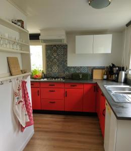 a kitchen with red cabinets and a counter top at Chalet De Maanvaren in Hattemerbroek