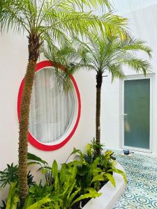 two palm trees in a room with a mirror at PalmCalina - PhuQui Beach House in Cu Lao Thu