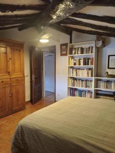 a bedroom with a bed and book shelves with books at Casa Rural 643km in Villatuerta