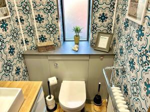 a bathroom with a toilet and a blue and white wallpaper at Re-Vive, At Rhigos, ZipWorld,Pen-y-Fan,Waterfalls in Pont-Nedd-Fechan