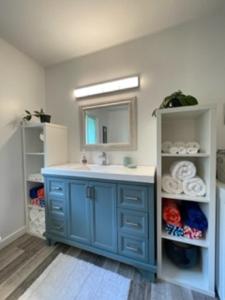 a bathroom with a blue sink and a mirror at Sweet Creek Retreat in Nelson