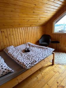 a room with a bed in a wooden room with a chair at Panoramic House in Mărişel