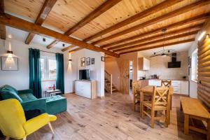 a living room with a green couch and a table at Karkonoskie Zacisze in Mysłakowice